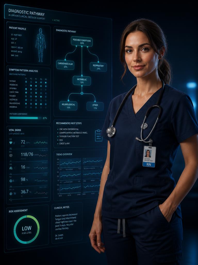 Nurse reviewing a Clinician Assist diagnostic pathway interface